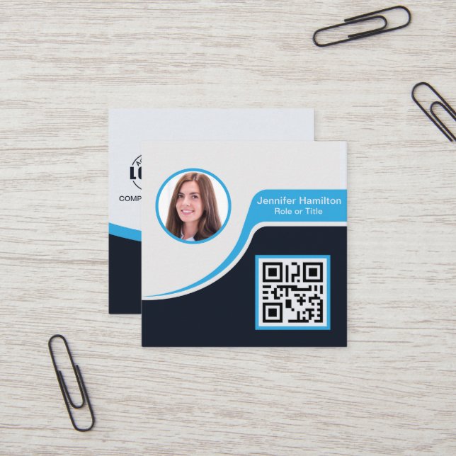 Professional Black Blue add your Logo QR Code Square Business Card (Front/Back In Situ)