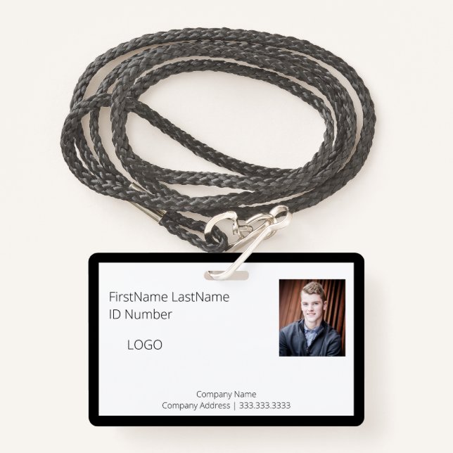 Professional Black Employee ID Badge with Barcode (Front with Lanyard)