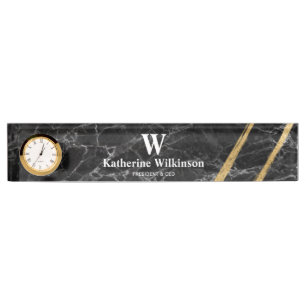 Professional Black & Gold Marble Monogram Nameplate
