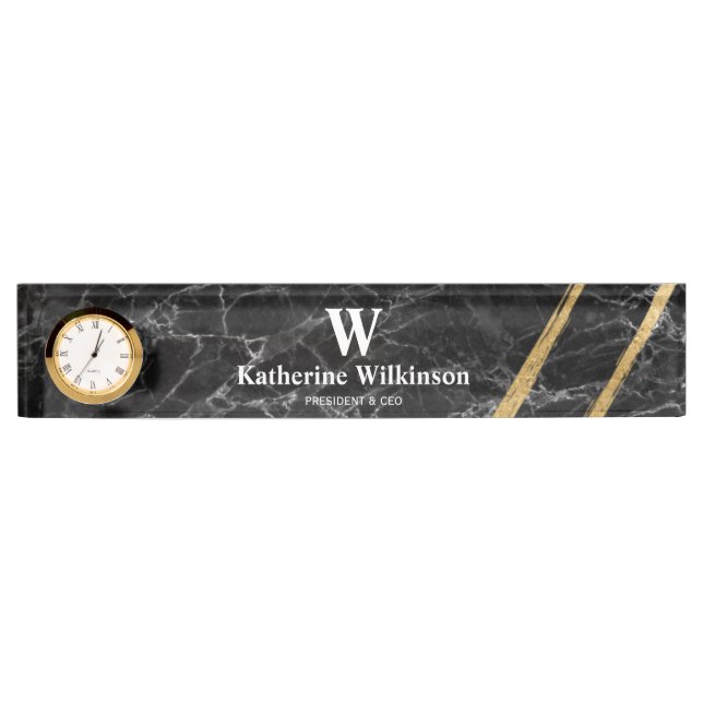 Professional Black & Gold Marble Monogram  Nameplate (Front)