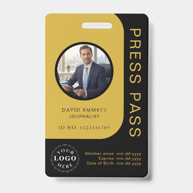 Professional Black Gold Media Press Pass ID Badge (Front)