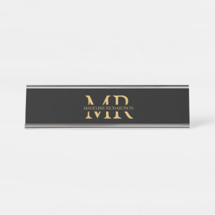 Professional Black Gold Monogram Name Initials   Desk Name Plate