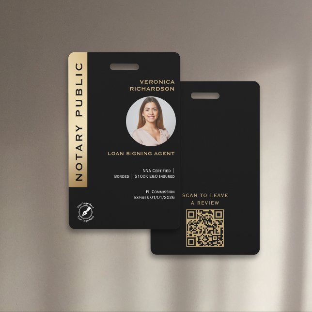Professional Black & Gold Notary QR Code Photo ID  Badge (Creator Uploaded)