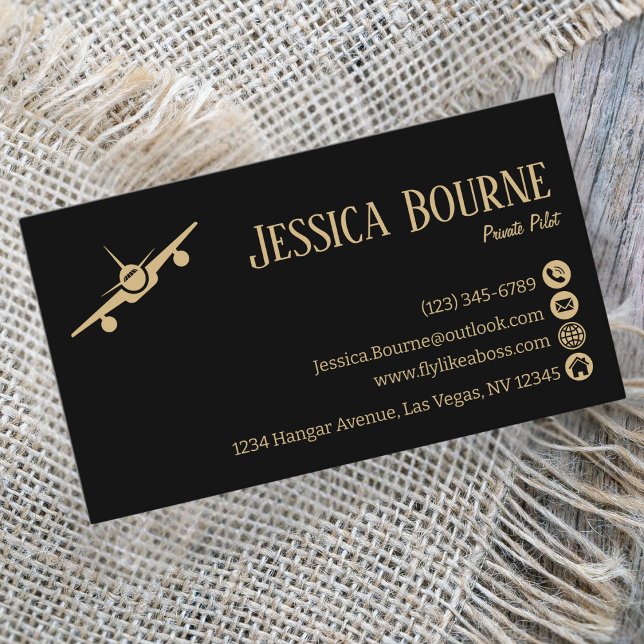 Professional Black Gold Pilot Aviation Modern Business Card (Creator Uploaded)