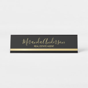 Professional Black & Gold with Modern Script Name Desk Name Plate