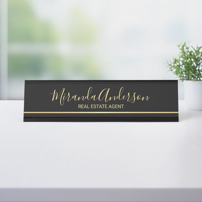 Professional Black & Gold with Modern Script Name Desk Name Plate (Creator Uploaded)