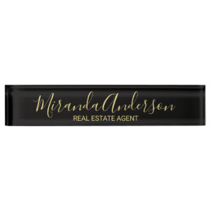 Professional Black & Gold with Modern Script Name Nameplate