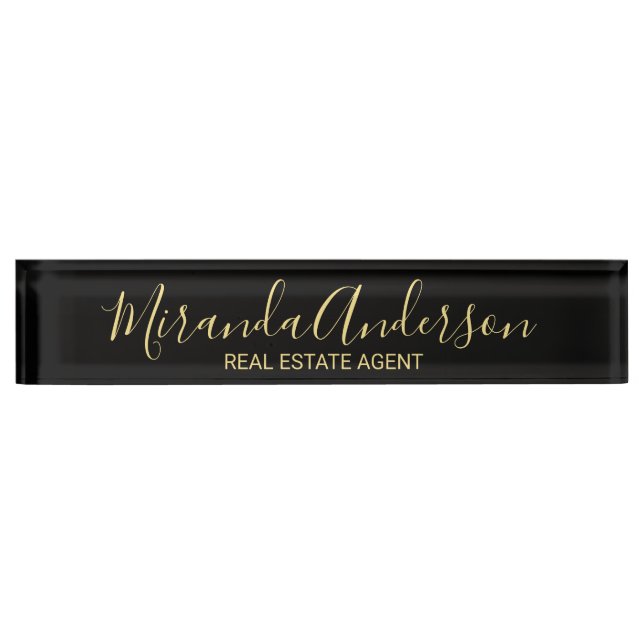Professional Black & Gold with Modern Script Name Nameplate (Front)
