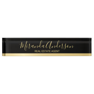 Professional Black & Gold with Modern Script Name Nameplate