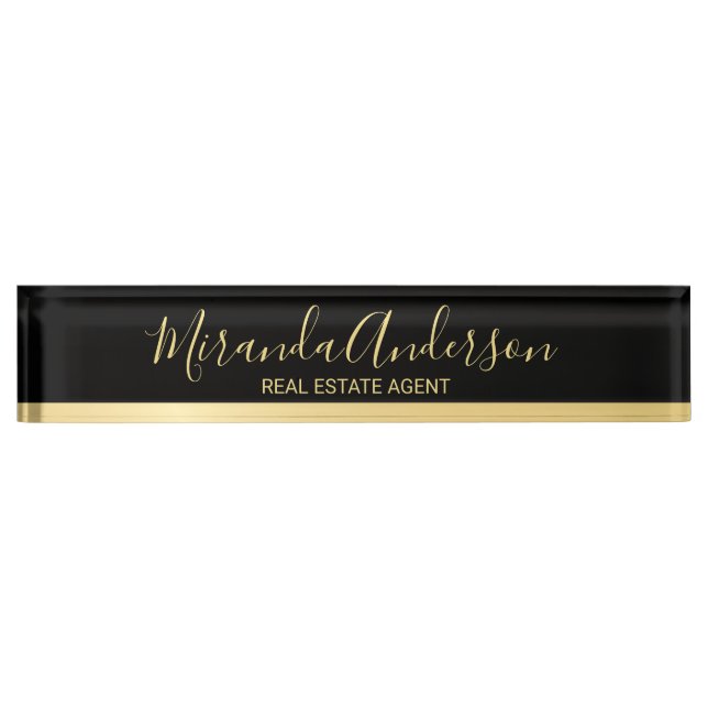 Professional Black & Gold with Modern Script Name Nameplate (Front)