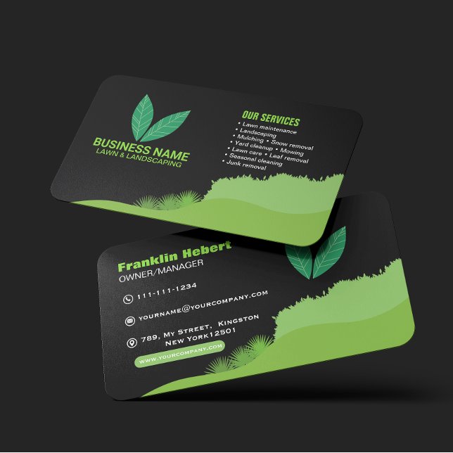 Professional Black Green Lawn Care & Landscaping Business Card (Creator Uploaded)