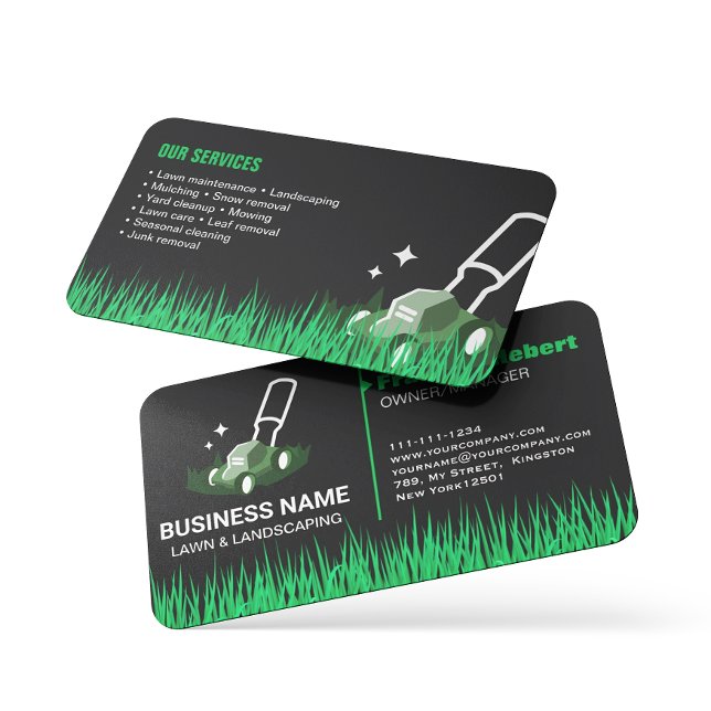 Professional Black Green Lawn Care & Landscaping Business Card (Creator Uploaded)