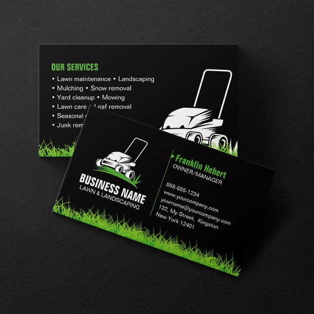 Professional Black Green Lawn Care & Landscaping Business Card (Creator Uploaded)