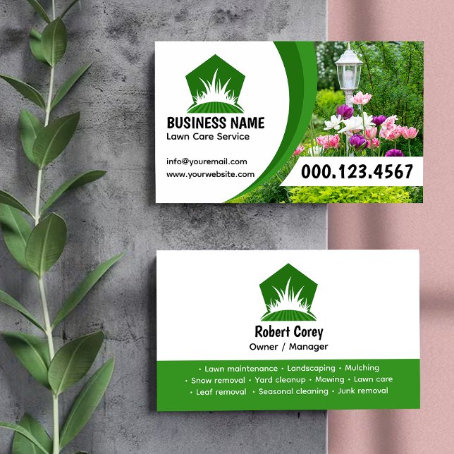 Professional Black Green Lawn Care Service Photo Business Card (Creator Uploaded)