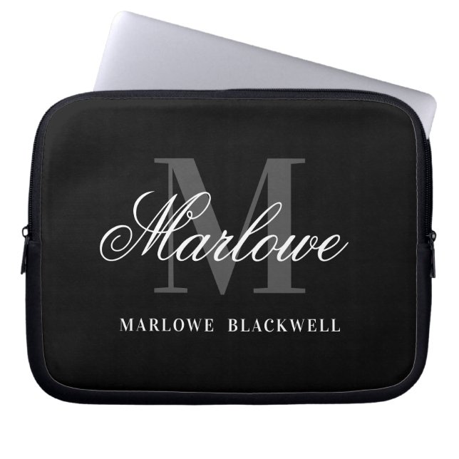 Professional Black Grey Monogram Script Laptop Sleeve (Front)