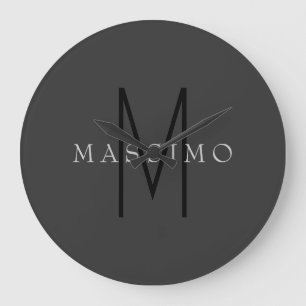 Professional Black Monogram Gray Your Name Large Clock