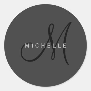 Professional Black Monogram Grey Your Name Classic Round Sticker