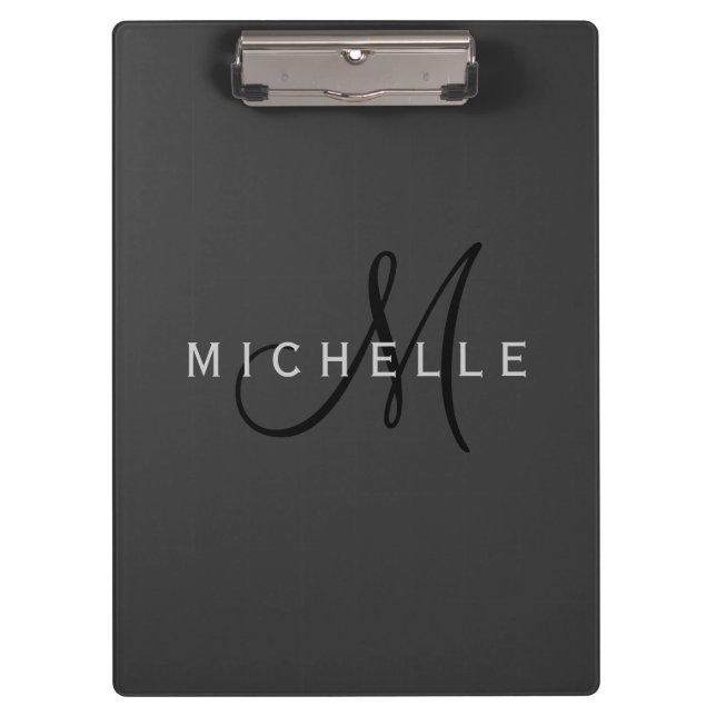 Professional Black Monogram Grey Your Name Clipboard (Front)