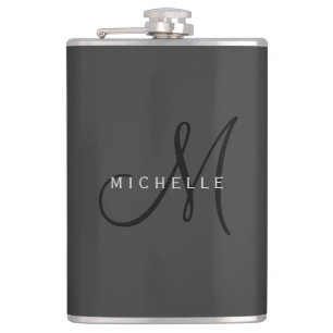 Professional Black Monogram Grey Your Name Hip Flask