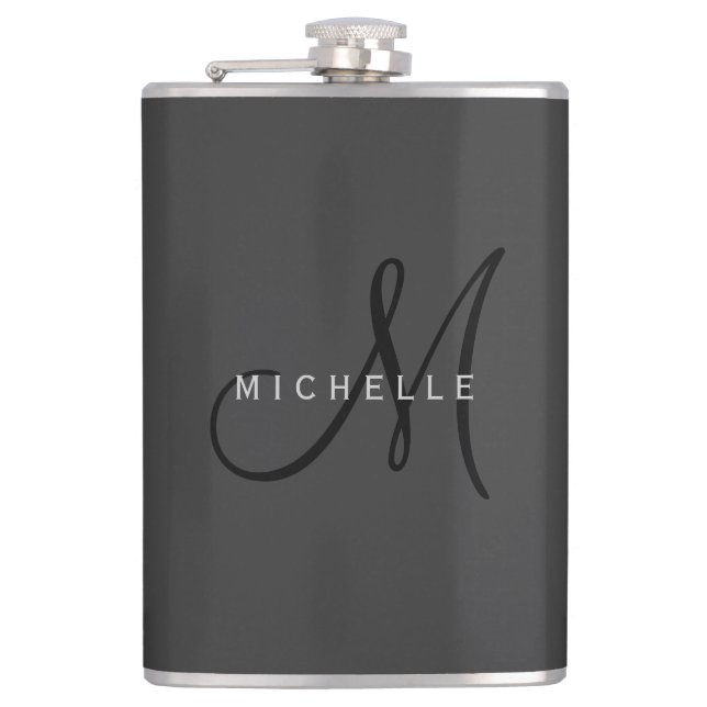 Professional Black Monogram Grey Your Name Hip Flask (Front)