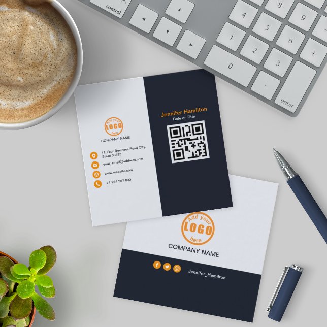 Professional Black Orange add your Logo QR Code Square Business Card (Creator Uploaded)