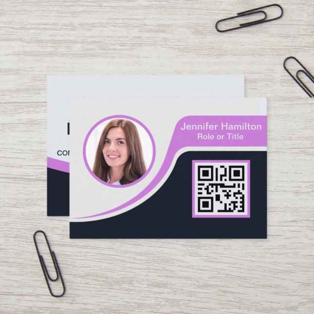 Professional Black Purple add your Logo QR Busines Business Card (Front/Back In Situ)