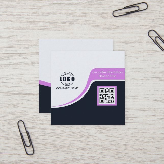 Professional Black Purple add your Logo QR Code Bu Square Business Card (Front/Back In Situ)