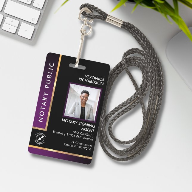 Professional Black & Purple QR Notary Photo ID ID Badge (Creator Uploaded)