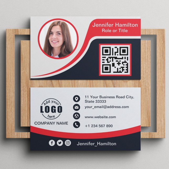 Professional Black Red add your Logo QR Code Busin Business Card (Creator Uploaded)