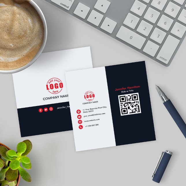 Professional Black Red add your Logo QR Code Square Business Card (Creator Uploaded)