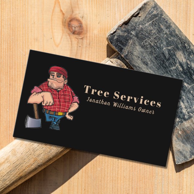Professional Black & Red Tree Service Cartoon Guy Business Card (Creator Uploaded)