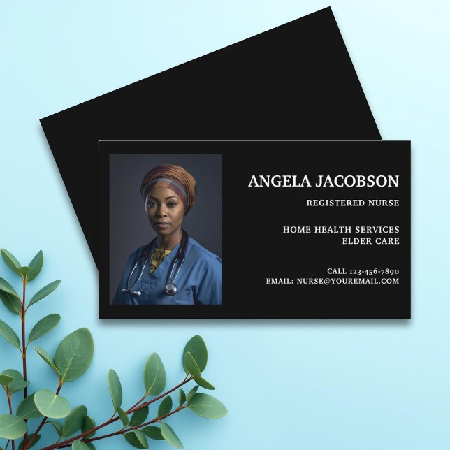 Professional Black Registered Nurse Photo Business Card (Creator Uploaded)