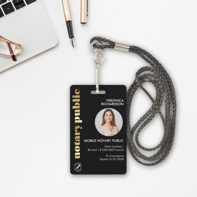 Professional Black Retro Gold Notary Round Photo ID Badge (Creator Uploaded)