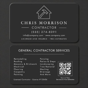 Professional Black & Silver Contractor QR Code Business Card