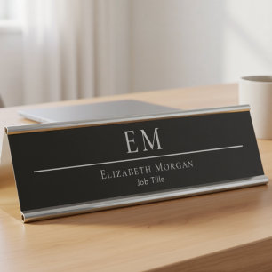 Professional Black White Modern Minimal Monogram  Desk Name Plate