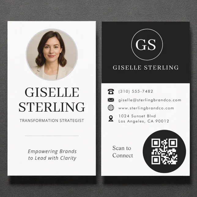 Professional Black & White Photo QR Code Modern Business Card | Zazzle