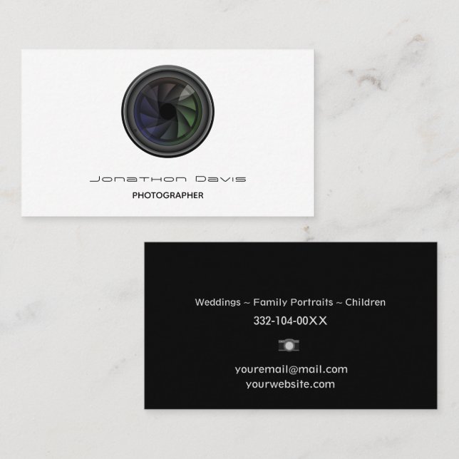 Professional Black & White Photography Camera Lens Business Card (Front/Back)