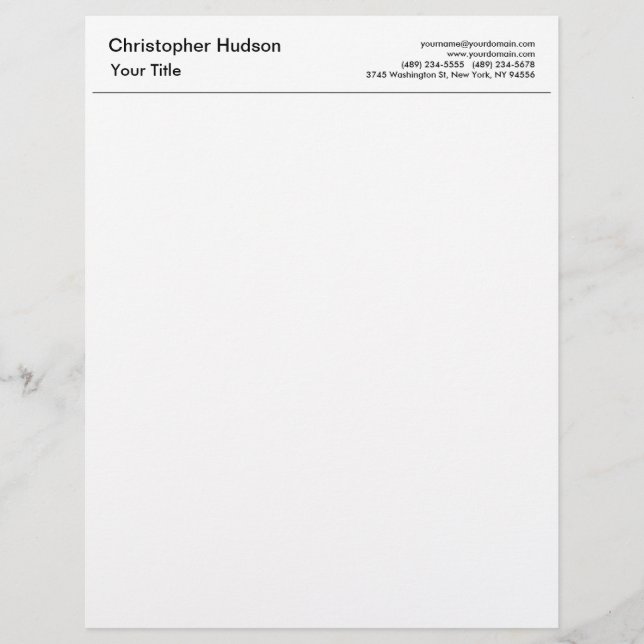 Professional Black White Simple Plain Custom Letterhead (Front)