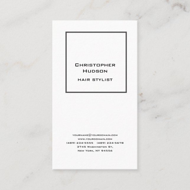 Professional Black White Simple Plain Hair Stylist Business Card (Front)