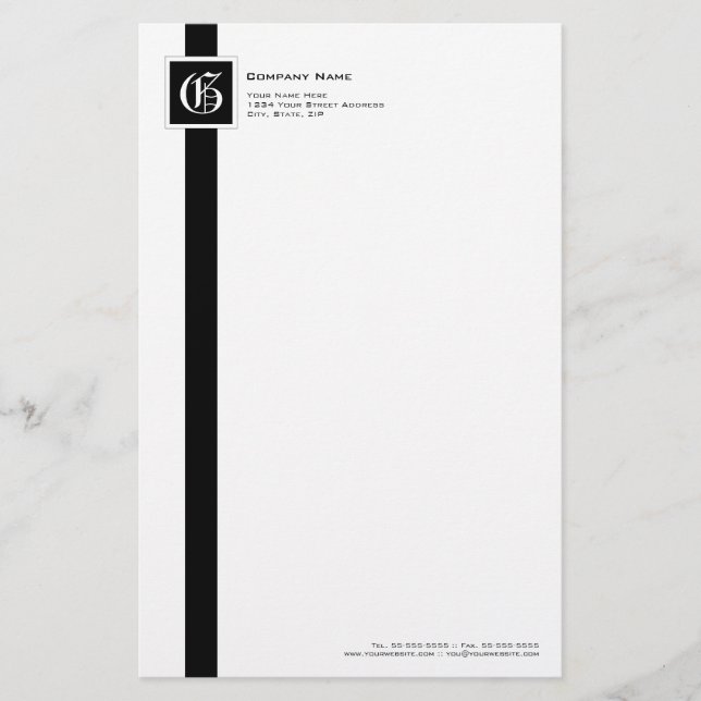 Professional Black & White Stripe Monogram Stationery (Front)
