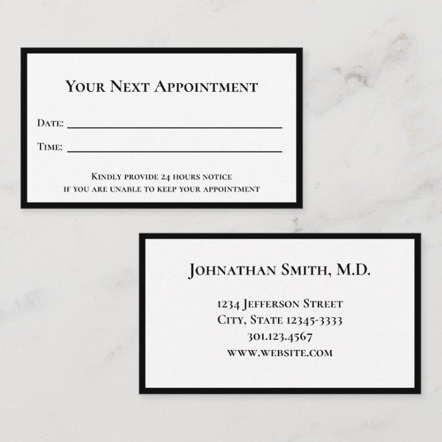 Professional Black White Template Doctor's Office Appointment Card (Front/Back)