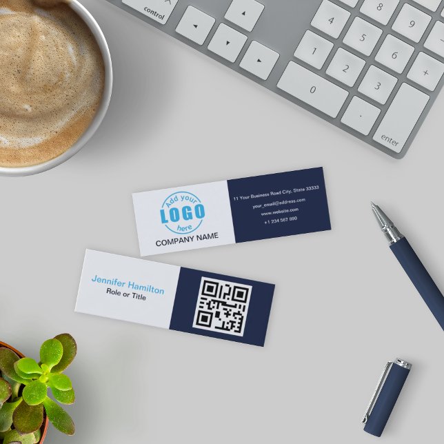Professional Blue add your Logo QR Mini Business Card (Creator Uploaded)