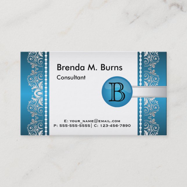 Professional Blue and Silver Lace Design Business Card (Front)