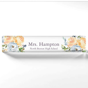 Professional Blue and Yellow Floral Teacher Nameplate