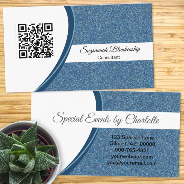 Professional Blue Glitter QR Code Template Business Card (Creator Uploaded)