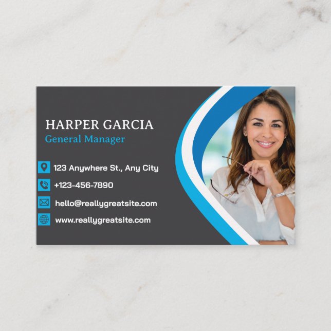 Professional Blue Grey Modern Minimalist Photo Business Card (Front)