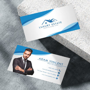 Professional Blue & Grey Real Estate Agent Photo Business Card