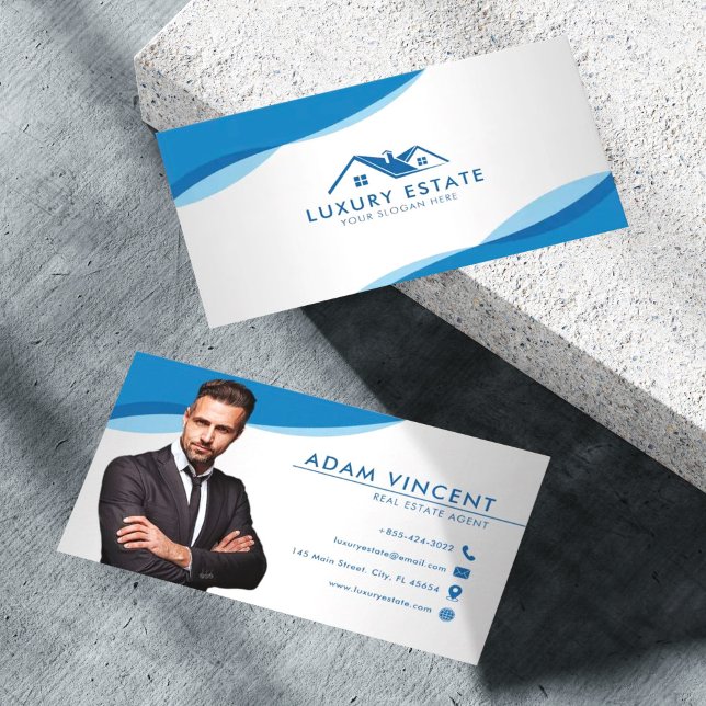 Professional Blue & Grey Real Estate Agent Photo Business Card (Creator Uploaded)
