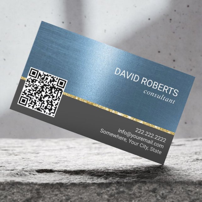 Professional Blue Metallic QR Code Business Card (Creator Uploaded)