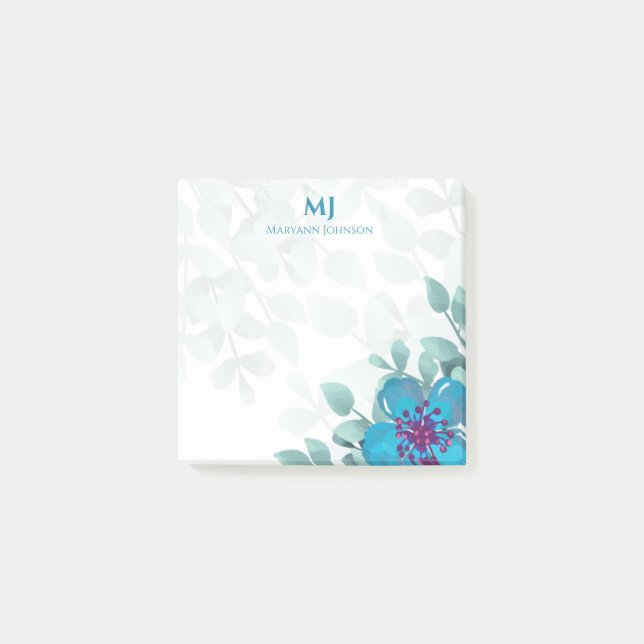 Professional Blue Watercolor Flowers Personalised Post-it Notes (Front)